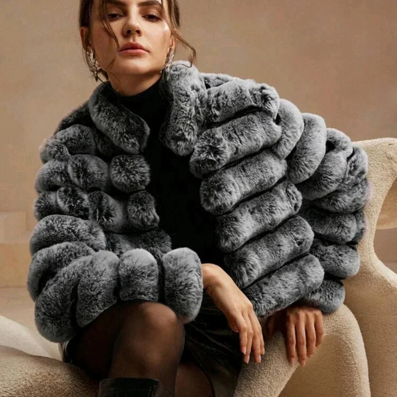 Black & Faded Two-Tone Embossed Fluffy Jacket, Warm Padded Coat For Women - Picture 5 of 6